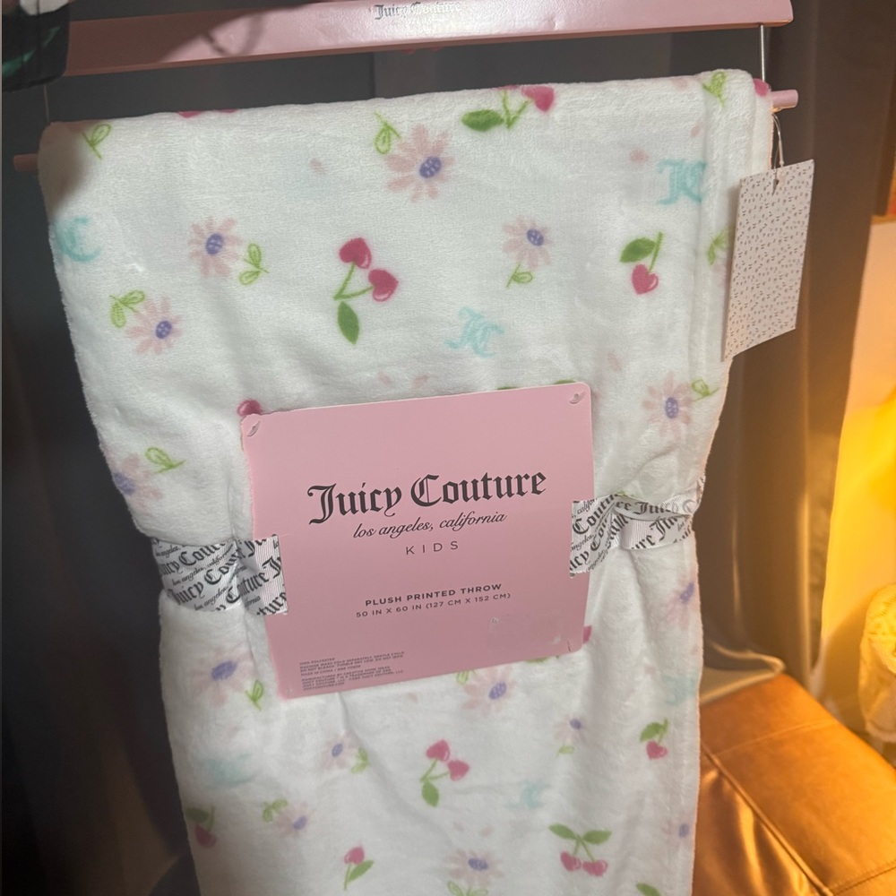 Juicy Couture White Blanket with Floral and Cherry Design NWT
